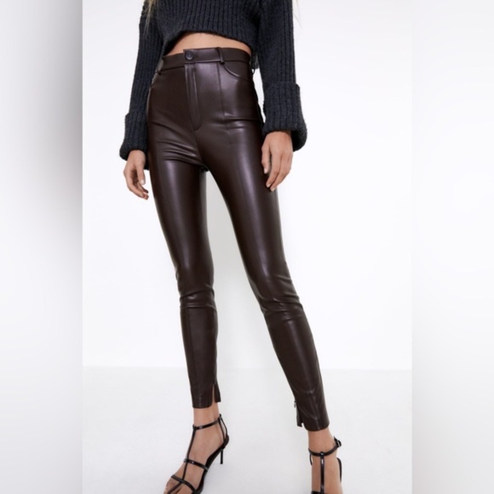 Zara Brown Faux Leather High Rise Leggings XS Zipper Hem Fleece Lined